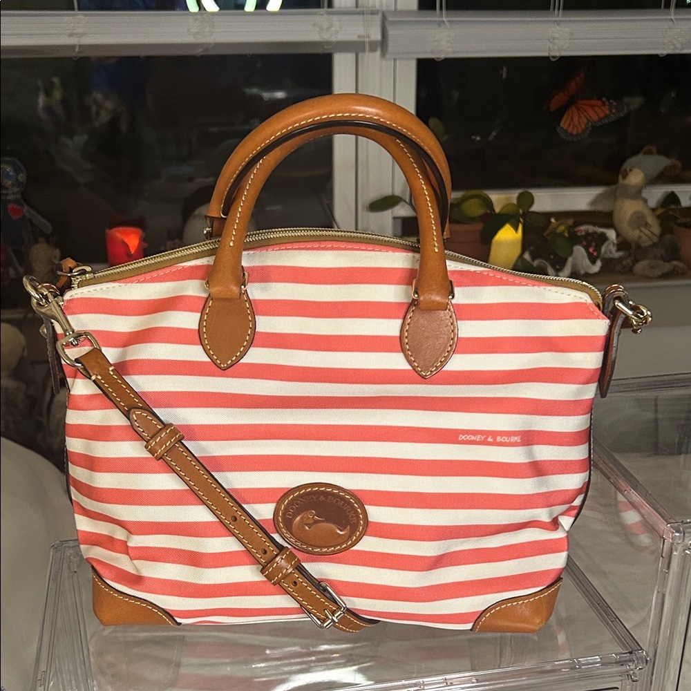 Dooney & Bourke Sullivan Coated Cotton Pink/White Striped Satchel 14”x 9.5” EUC